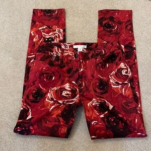 CHICO’S Red Roses Floral Print Cotton Ankle Pants | 00 |